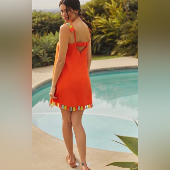 NWT ANTHROPOLOGIE Shift Mini Dress L Tassels Orange - Picture 3 of 13